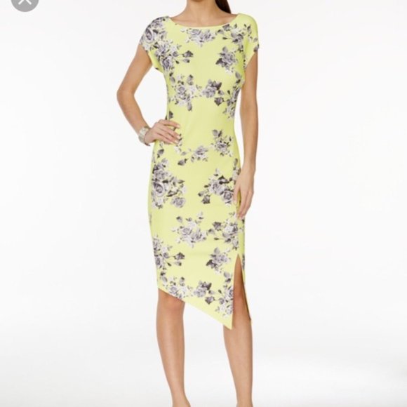 ECI New York yellow floral asymmetrical dress with slit - Picture 1 of 10